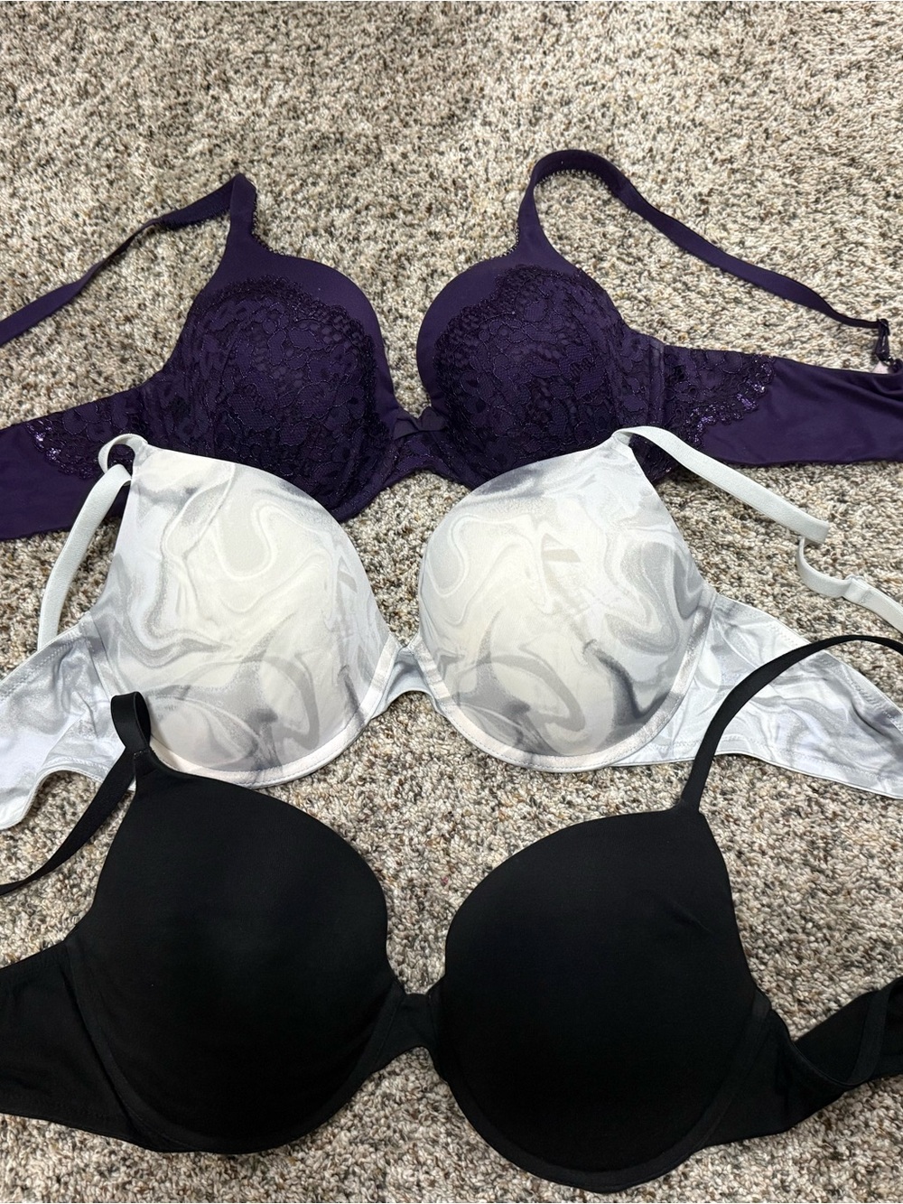 Victoria’s Secret PINK 3-Pack T-Shirt Bras in Purple, White, and Black $35lot 3